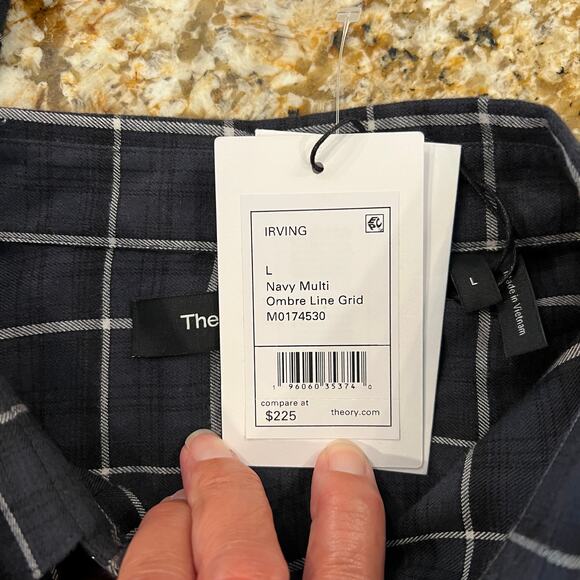 NWT Theory Men's Navy Irving Multi Standard-Fit Shirt in Ombré Grid Cotton -  L - Picture 8 of 9